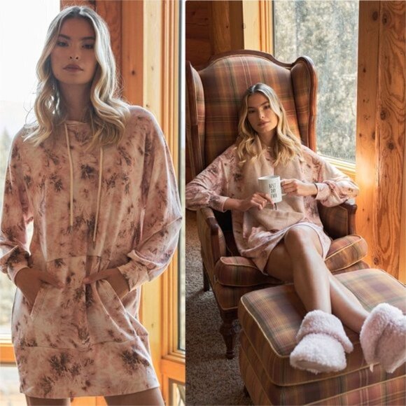 Tie-Dye Hoodie Lounge Sweatshirt Dress Long Sleeve Hooded Pockets - Picture 2 of 12